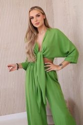 Komplet z wiskozy bluzka wiązana u dołu + spodnie kiwi. Bluzki KESI, l, bez wzorów, z dresówki, eleganckie, bez kołnierzyka, plus size, bez ramiączek. Za 217.48 zł.