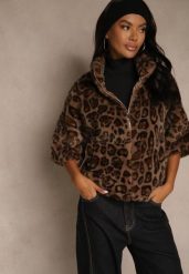 Panterkowa Trapezowa Kurtka Futerko z Rękawami Długości 3/4 Tadeva. Czarne kurtki Renee, m, bez wzorów, z futra, eleganckie, bez kaptura. Za 269.99 zł.