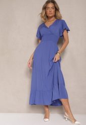 Granatowa Rozkloszowana Sukienka z Wiskozy z Kopertowym Dekoltem Rellrive. Niebieskie sukienki Renee, na co dzień, l, bez wzorów, z wiskozy, eleganckie, bez kołnierzyka, bez ramiączek, maxi, kopertowe. W wyprzedaży za 55.99 zł.