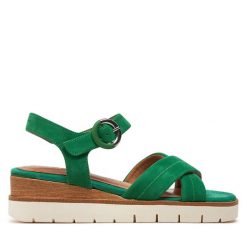 Sandały Tamaris. Zielone sandały Tamaris, bez wzorów, bez obcasa, na koturnie, bez zapięcia. Za 249.99 zł.