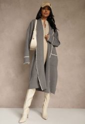 Szary Niezapinany Kardigan o Długim Kroju z Lamówką Venisse. Szare swetry Renee, bez wzorów, z jeansu, klasyczne, bez ramiączek. Za 129.99 zł.