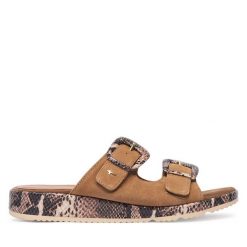 Klapki Tamaris. Brązowe klapki Tamaris, bez wzorów, bez obcasa, bez zapięcia. Za 329.99 zł.