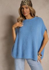 Niebieski Sweter z Bawełną w Stylu Nietoperza Nilariella. Niebieskie swetry Renee, bez wzorów, z bawełny, biznesowe, bez ramiączek. W wyprzedaży za 127.99 zł.