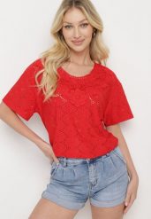 Czerwony Klasyczny Ażurowy T-shirt z Krótkim Rękawem Ninnia. Czerwone t-shirty Born2be, xl, w ażurowe wzory, z jeansu, biznesowe, bez kołnierzyka, bez ramiączek. Za 59.99 zł.