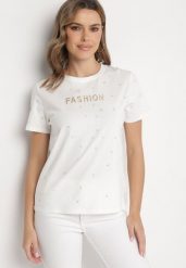 Biały T-shirt z Bawełny z Cyrkoniami i Napisem Nalanielle. Białe t-shirty Born2be, m, bez wzorów, z bawełny, eleganckie, bez kołnierzyka, bez ramiączek. W wyprzedaży za 38.24 zł.