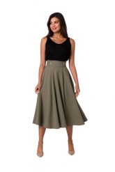 Rozkloszowana spódnica z wysokim stanem i kieszeniami khaki. Brązowe spódnice Bewear, xxl, bez wzorów, eleganckie, midi, rozkloszowane. Za 319.00 zł.
