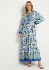 Niebiesko-Zielona Sukienka o Rozkloszowanym Kroju z Wiązaniem z Frędzlami w Etniczny Wzór Ridalea. Niebieskie sukienki Born2be, na co dzień, l, bez wzorów, boho, bez kołnierzyka, bez ramiączek, midi, rozkloszowane. W wyprzedaży za 127.49 zł.