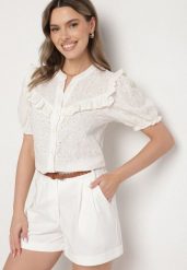 Biała Koszula z Wiskozą z Haftowanej Tkaniny Ozdobiona Falbanką Rindelia. Białe koszule Born2be, l, bez wzorów, z jeansu, eleganckie, bez kołnierzyka, bez ramiączek. W wyprzedaży za 93.49 zł.