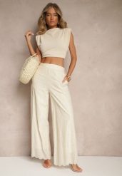 Beżowe Bawełniane Haftowane Spodnie High Waist o Szerokim Kroju Milirelia. Brązowe jeansy Renee, z aplikacjami, z bawełny, z podwyższonym stanem. W wyprzedaży za 99.99 zł.