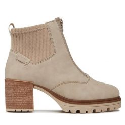Botki Rieker. Brązowe botki Rieker, bez wzorów, bez obcasa, na słupku, bez zapięcia. Za 199.99 zł.