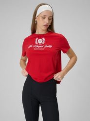 4F T-shirt boxy z nadrukiem damski - czerwony L. Czerwone t-shirty 4f, l, bez wzorów, z bawełny, bez kołnierzyka, bez ramiączek. W wyprzedaży za 49.99 zł.