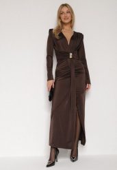 Brązowa Elegancka Sukienka z Trenem i Rozcięciem Atissa. Brązowe sukienki Born2be, na imprezę, m, z aplikacjami, eleganckie, bez kołnierzyka, bez ramiączek, dopasowane. Za 149.99 zł.