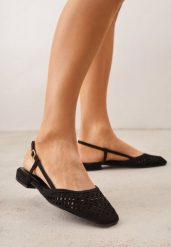 Czarne Sandały Slingback z Kwadratowym Noskiem i Ażurową Cholewką Jurria. Czarne baleriny Renee, w ażurowe wzory, z jeansu, bez obcasa, bez zapięcia. Za 89.99 zł.