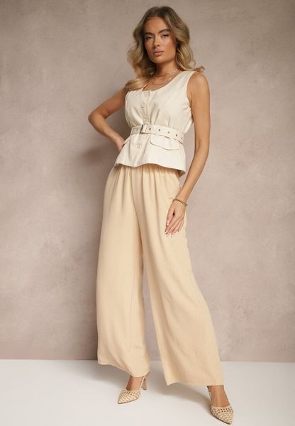 Beżowe Szerokie Spodnie Typu Palazzo High Waist Araneira. Brązowe jeansy Renee, l, bez wzorów, z jeansu, eleganckie, z podwyższonym stanem. Za 49.99 zł.