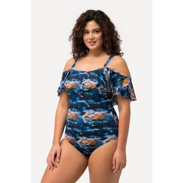 Damski Strój kąpielowy falbana miękkie miseczki ramiączka z regulacją. Niebieskie stroje jednoczęściowe Ulla Popken, bez wzorów, z elastanu, sportowe. Za 294.99 zł.