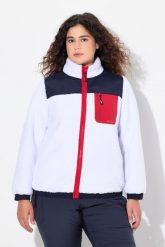 Damskie Kurtka z pluszowego polaru naszywka stójka. Białe kurtki Ulla Popken, plus size, z aplikacjami, z materiału, bez kaptura. Za 429.99 zł.