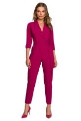 Elegancki Kombinezon z Wiązanym Paskiem- Śliwkowy. Czarne kombinezony MOE, l, bez wzorów, z elastanu, eleganckie, bez kołnierzyka, bez ramiączek. Za 357.04 zł.