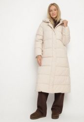 Jasnobeżowa Długa Pikowana Kurtka z Kapturem Afarriva. Brązowe kurtki Born2be, m, bez wzorów, biznesowe, z kapturem. Za 279.99 zł.