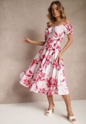 Jasnobeżowa Sukienka z Bawełną Rozkloszowana w Kwiatowy Print z Dekoltem Łódką Annirna. Brązowe sukienki Renee, na co dzień, l, bez wzorów, z bawełny, eleganckie, bez kołnierzyka, bez ramiączek, midi, rozkloszowane. W wyprzedaży za 55.99 zł.