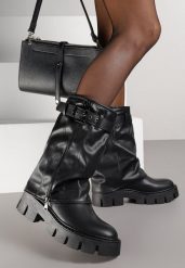 Czarne Botki Biker Boots z Cholewką Imitującą Nogawkę z Klamerką Veresta. Czarne botki Renee, z aplikacjami, z koronki, bez obcasa, na płaskiej podeszwie, bez zapięcia. Za 129.99 zł.