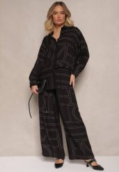 Czarny Komplet z Wiskozy Zdobiony Geometrycznym Printem Koszula i Spodnie Hanovin. Czarne koszule Renee, l, z aplikacjami, z tkaniny, eleganckie, bez kołnierzyka, bez ramiączek. W wyprzedaży za 111.99 zł.
