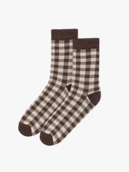 Bawełniane skarpety damskie w kratkę. Brązowe skarpetki Ryłko, bez wzorów, z bawełny. W wyprzedaży za 14.99 zł.