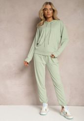 Jasnozielony Klasyczny Komplet Dresowy z Bluzą Kangurką i Spodniami Typu Jogger Salevia. Zielone bluzy Renee, m, bez wzorów, z dresówki, bez kaptura. W wyprzedaży za 67.99 zł.
