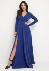 Granatowa Rozkloszowana Sukienka z Dekoltem w Serek i Rozcięciem Zdobiona Metaliczną Nicią Emilandra. Niebieskie sukienki Born2be, l, z aplikacjami, z materiału, eleganckie, bez kołnierzyka, bez ramiączek, maxi, kopertowe. W wyprzedaży za 178.49 zł.