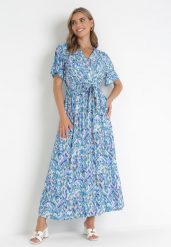 Niebieska Sukienka Maxi z Gumką w Pasie i Metaliczną Nitką Nuccio. Niebieskie sukienki Born2be, na co dzień, m, bez wzorów, z materiału, bez kołnierzyka, bez ramiączek, maxi, kopertowe. Za 119.99 zł.