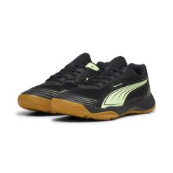 Halowe buty sportowe Solarflash III PUMA Black Fizzy Apple Yellow. Czarne buty sportowe lifestyle Puma, bez wzorów, bez zapięcia, do piłki ręcznej. Za 279.99 zł.