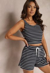 Granatowe Szorty Dresowe High Waist z Bawełny w Paski Ściągane Troczkiem Celisea. Niebieskie szorty Renee, bez wzorów, z bawełny, eleganckie. W wyprzedaży za 59.99 zł.