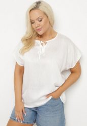 Biała Bluzka z Wiskozą Wiązana przy Dekolcie Dovarelle. Białe bluzki Born2be, plus size, bez wzorów, z jeansu, eleganckie, bez kołnierzyka, plus size, bez ramiączek. Za 69.99 zł.