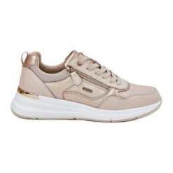 EVento Skórzane Buty Sportowe Sneakersy Damskie Z Zamkiem Beżowe beżowy. Brązowe buty treningowe bez wzorów, ze skóry, bez zapięcia. Za 273.38 zł.
