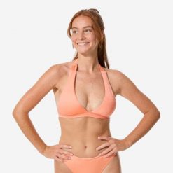 Góra kostiumu kąpielowego surfingowego damski Decathlon Cora Zuma. Brązowe bikini Decathlon, bez wzorów, z elastanu, sportowe. Za 79.99 zł.