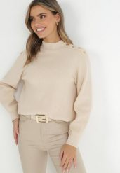Jasnobeżowy Sweter Dzianinowy z Długim Rękawem i Guzikami Omes. Brązowe swetry Born2be, bez wzorów, z dzianiny, bez ramiączek. W wyprzedaży za 118.99 zł.