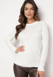 Biały Klasyczny Prążkowany Sweter Zinadre. Białe swetry Born2be, m, bez wzorów, z jeansu, eleganckie, bez ramiączek. W wyprzedaży za 67.99 zł.