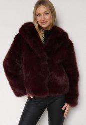 Bordowa Kurtka Futrzana z Nieodpinanym Kapturem Vetirire. Czerwone kurtki Born2be, l, bez wzorów, z futra, eleganckie. Za 219.99 zł.