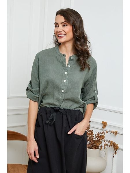 La Compagnie Du Lin Lniana bluzka "Jimenez" w kolorze khaki rozmiar: XL. Brązowe bluzki La Compagnie Du Lin, xl, bez wzorów, ze lnu, bez kołnierzyka, bez ramiączek. Za 126.75 zł.