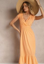 Pomarańczowa Kopertowa Sukienka z Wiskozy Zdobiona Falbanką Ularisela. Brązowe sukienki Renee, na co dzień, l, z aplikacjami, z wiskozy, eleganckie, bez kołnierzyka, bez ramiączek, midi, kopertowe. W wyprzedaży za 55.99 zł.