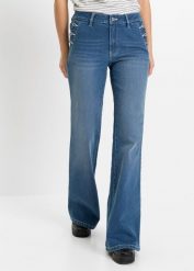 Jeansy dzwony, mid waist, bawełna organiczna. Niebieskie jeansy bonprix, bez wzorów, z bawełny. Za 179.99 zł.