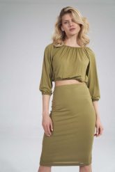 Krótka Marszczona Bluzka z Rękawem 3/4 - Jasna Oliwka. Białe bluzki Figl, m, bez wzorów, z elastanu, bez kołnierzyka, bez ramiączek. Za 159.00 zł.