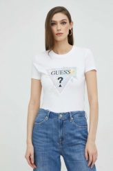 Guess t-shirt damski kolor biały. Białe t-shirty Guess, z aplikacjami, z bawełny, bez kołnierzyka, bez ramiączek. Za 189.99 zł.