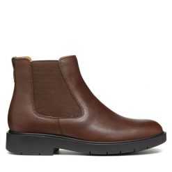 Sztyblety Geox. Brązowe botki Geox, bez wzorów, bez obcasa, na płaskiej podeszwie, bez zapięcia. Za 319.99 zł.
