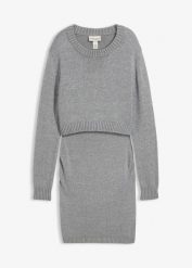 2-częściowy komplet ciążowy: sweter i spódniczka z bawełny z połyskującą nicią. Szare kombinezony bonprix, bez wzorów, z bawełny, moda ciążowa, bez ramiączek. Za 219.99 zł.