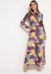 Fioletowo-Żółta Sukienka Siateczkowa Maxi w Abstrakcyjny Wzór Tie-Dye Orelad. Fioletowe sukienki Born2be, m, bez wzorów, bez kołnierzyka, bez ramiączek, maxi. W wyprzedaży za 118.99 zł.