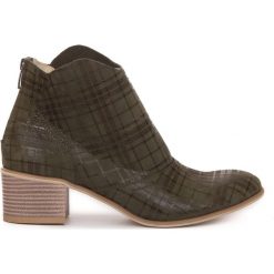 Botki kwobojki na 5 cm klocku - skóra naturalna - model 483 - kolor oliwka kratka. Białe botki Zapato, bez wzorów, z jeansu, biznesowe, bez obcasa, na obcasie, bez zapięcia. Za 419.00 zł.