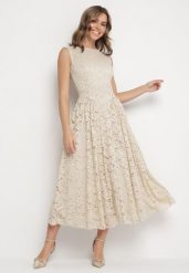 Beżowa Koronkowa Sukienka o Rozkloszowanym Kroju z Odkrytymi Plecami Nelamia. Brązowe sukienki Born2be, na co dzień, m, bez wzorów, z jeansu, eleganckie, bez kołnierzyka, bez ramiączek, maxi, rozkloszowane. W wyprzedaży za 139.99 zł.