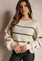 Jasnobeżowy Sweter z Szerokimi Bufiastymi Rękawami i Drobnym Wzorem Nigistis. Brązowe swetry Renee, z aplikacjami, z dzianiny, casualowe, bez ramiączek. W wyprzedaży za 63.99 zł.