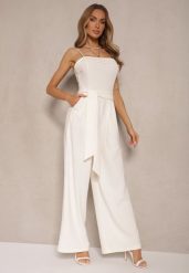 Jasnobeżowy Taliowany Kombinezon z Paskiem Desine. Brązowe sukienki Renee, bez wzorów, eleganckie, bez kołnierzyka, bez ramiączek, dopasowane. W wyprzedaży za 83.99 zł.