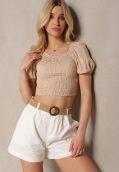 Białe Szorty z Bawełny High Waist o Kroju Bermudów Zapinane na Zamek Błyskawiczny i Guzik z Plecionym Paskiem z Klamrą Iannestra. Białe szorty Renee, bez wzorów, z bawełny. W wyprzedaży za 59.99 zł.